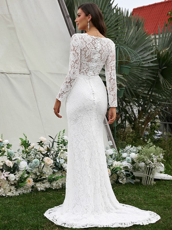 Wholesale Sheath/Column Lace Hand-Made Flower V-neck Long Sleeves Sweep/Brush Train Wedding Dresses